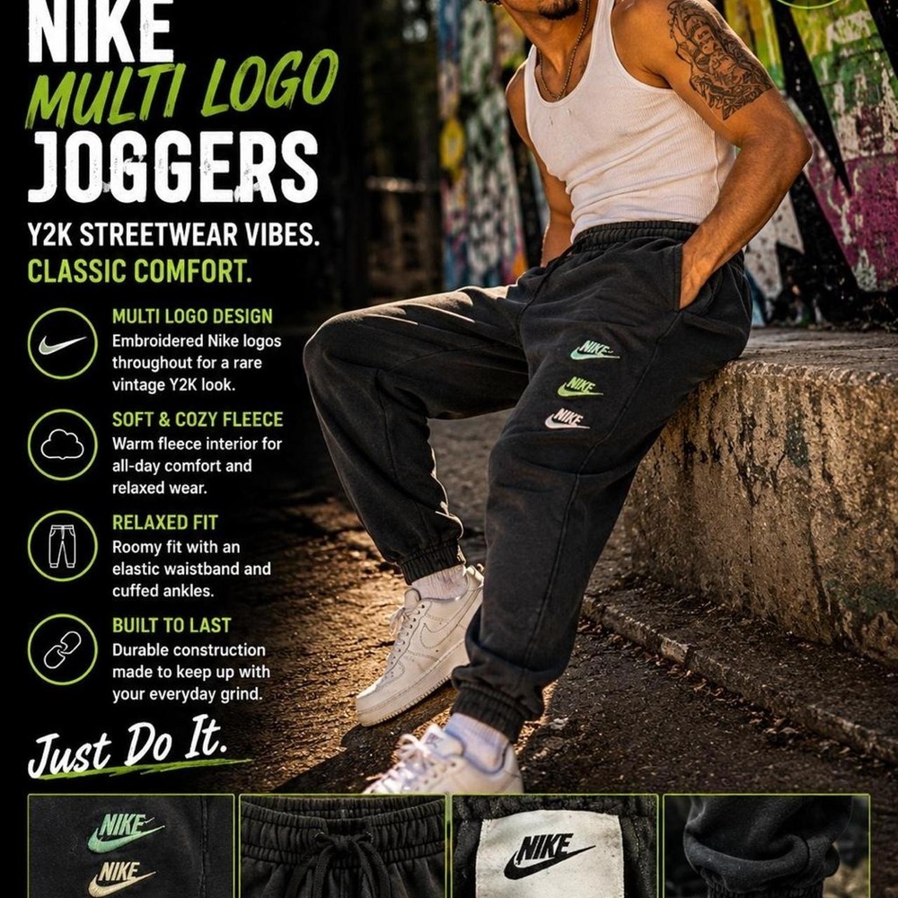 Nike Vintage Multi Logo Jogger Sweatpants Black Men's Large Fleece